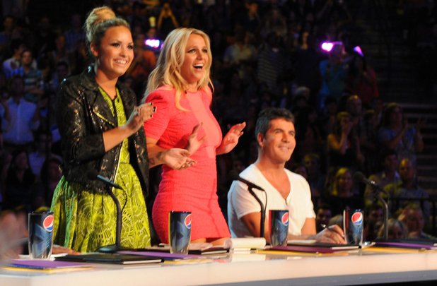 Demi Lovato, Britney Spears and Simon Cowell on the set of The X Factor USA
