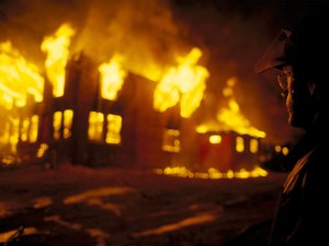 Building on fire stock photo
