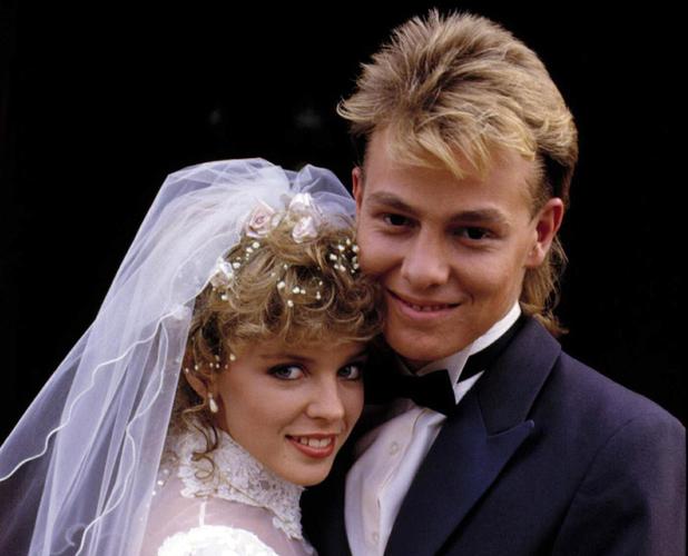 Kylie Minogue and Jason Donovan as Charlene and Scott in Neighbours.