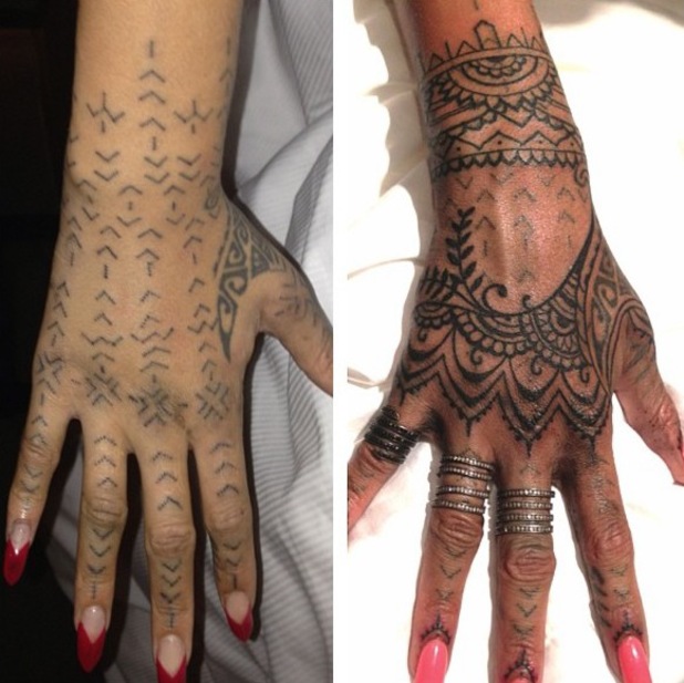 Rihanna's new henna-inspired hand tattoo by New York tattooists, Bang Bang. (30 October)