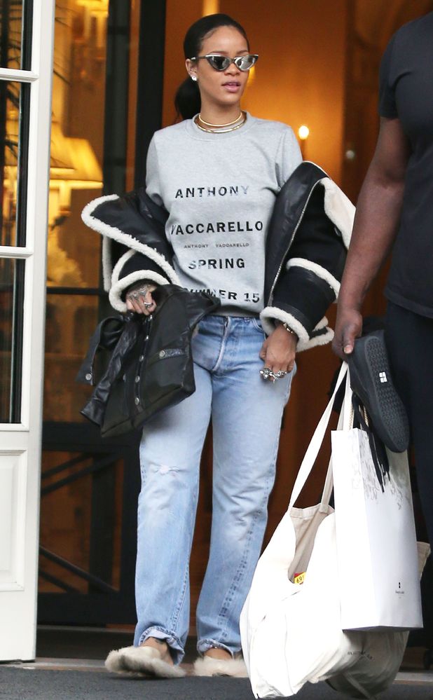 Rihanna wears fluffy-trimmed shoes in Paris - 10 March 2015.