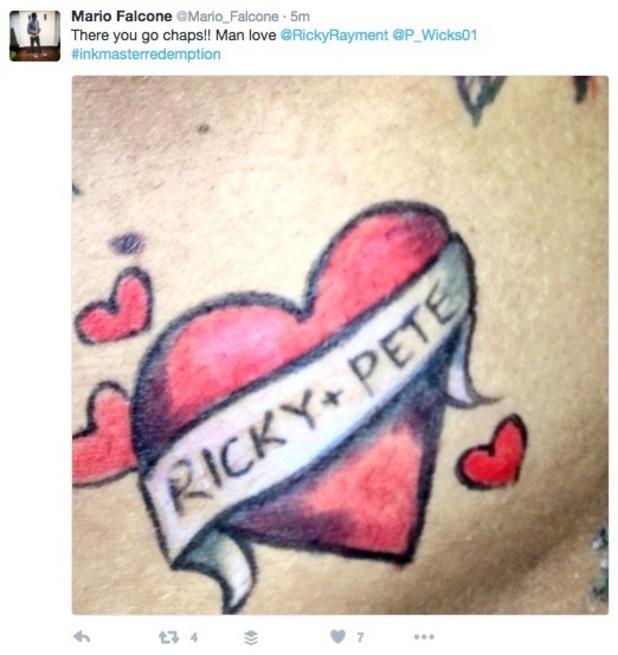 Mario Falcone gets personalised tattoo for Ricky Rayment, Pete Wicks
8 June